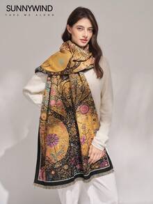 1条水墨画图案涤纶优雅时尚保暖围巾，适合秋冬季日常佩戴 - 彩色 - 查看 1