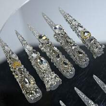10Pcs Handmade Extra Long Stiletto Press On Nails, Luxury Sparkling Style, Dense Rhinestones, Gold Accents, Multi Shape Gems, Gala, Evening Parties Summer - 銀色 - 查看 4