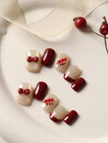 10pcs Acrylic Press On Nails Red Nails Cat's Eye Bow Tomatoes On Sticks Nails Press On Nail Supplies Short Nail Fake Nails Artificial Nails Kit Includes 1sheet Adhesive Tabs &1 Pc Mini File - Multicolor - View 1