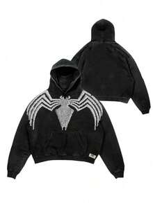 Men's Oversized Hoodie Vintage Distressed Pullover  High-Street Casual Sweatshirt Fall Winter Essential - Symbiote Charcoal Black and White Spider [J25] - View 2