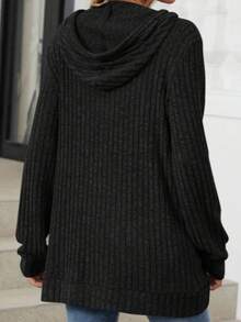 Sudadera casual de talla grande para mujer, de unicolor acanalado con cordón, top de manga larga, para primavera/otoño - Negro - Ver 5