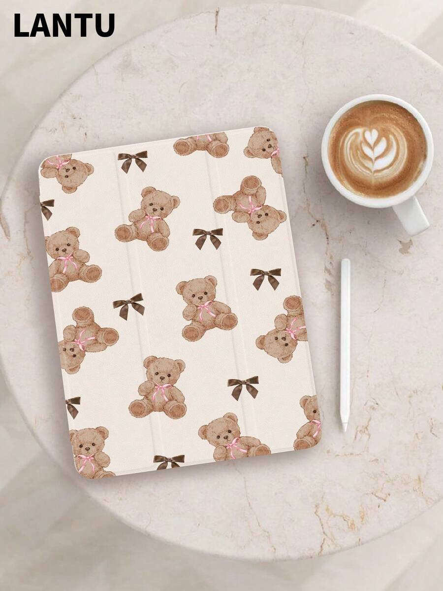 1pc Teddy Bear & Bow Tie Pattern Tablet Protective Case, Compatible With Apple IPad 10.2", IPad Pro 11" 2020/2021, IPad (9th/10th Gen) 11", IPad Air 4th 10.9", Galaxy Tab S6 Lite 10.4", /, Anti-Drop, Pencil Slot, Sleep/Wake Support, Romantic Gift For Tablet Users - Multicolor - View 1