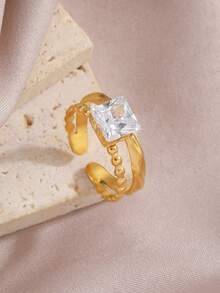 1 pieza Anillo de mujer de lujo con circonita estilo francés, diseño geométrico chapado en oro de 18K de acero inoxidable, adecuado para uso diario, citas, fiestas, conciertos, joyería - Amarillo Oro - Ver 11