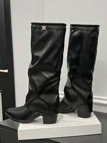Botas altas de talla grande de otoño 2025, botas de mujer con tacón grueso adelgazante y sin brillo, botas de moda - Negro - Ver 6
