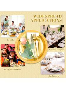 100/50/30/20/10pcs Gold Heavy Duty Reusable Plates - Elegant Polished Metal Rim, Thick Paperboard Material Suitable For Wedding, Birthday Party, Banquet, Valentine's Day, Back To School Party - Spill-Proof Tabletop Decor, Easy To Clean - Gold - View 7