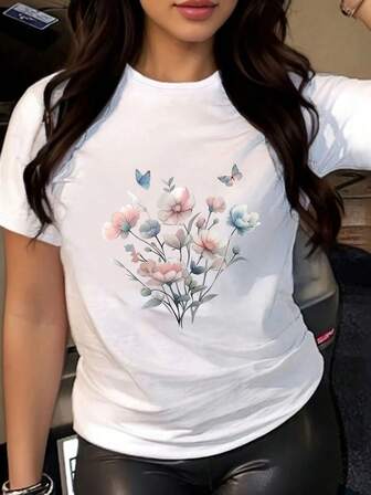 Plus Size Women's Summer Floral Bouquet With Butterfly Pattern Short - Sleeve T - Shirt Graphic T-Shirt,Casual Comfort Top Daily Wear | Summer Outfit Women,Tops,Graphic Tee | Plus Size Women Clothes,Plus Size Tops,Tops Plus Size Women,Curvy Plus Size Clothes,Plus Tops,Plus Size T Shirts,Plus Size Maternity Clothes,Tshirts Women Plus Size