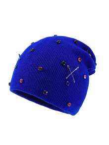 1pc Women's Fashion Punk Style Knit Beanie Hat With Colorful Rhinestone Brooch Pin, Warm Accessory For Autumn/Winter - A - View 9