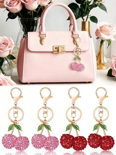 1/2pcs Valentine'S Cherry Keychain,Cherry Bag Purse Charms Accessories,Red Pink Cherries Elegant Bow Keychain Bag Charms For Handbags Purse Car Keys Accessories Women Birthday Mother's Day Gifts,Cute Keychain For Valentine'S Day Gifts