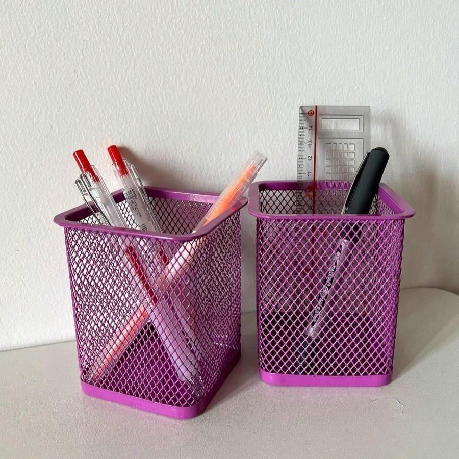 Saikvi Mesh Pen Holder Pencil Cup Holder Purple Pen Organizer For Desk Square Pencil Cup For Office And School (1 X, Purple) - ColorD - 查看 1