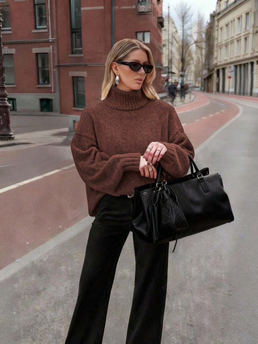 FOR BEAUTY Women's Autumn/Winter New High Neck Brown Minimalist Commuter Style Sweater, Fashionable Slim Fit, Elegant & Stylish, Ribbed Long Sleeve Casual Everyday Versatile Warm Knit Pullover, New Year - Brown - View 1