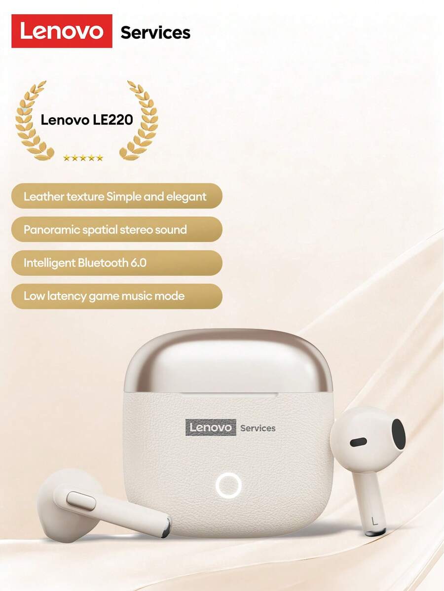 Fones de Ouvido Bluetooth Minimalistas Lenovo LE220, Meia Inserção, Esportes, Música, Efeito de Som Panorâmico, Alta Qualidade, Chamadas de Alta Definição, Fones de Ouvido Sem Fio, Compatível com Smartphones e Computadores, Presente Elegante para Férias - Bege - Visão 1