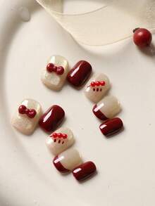 10pcs Acrylic Press On Nails Red Nails Cat's Eye Bow Tomatoes On Sticks Nails Press On Nail Supplies Short Nail Fake Nails Artificial Nails Kit Includes 1sheet Adhesive Tabs &1 Pc Mini File - Multicolor - View 2