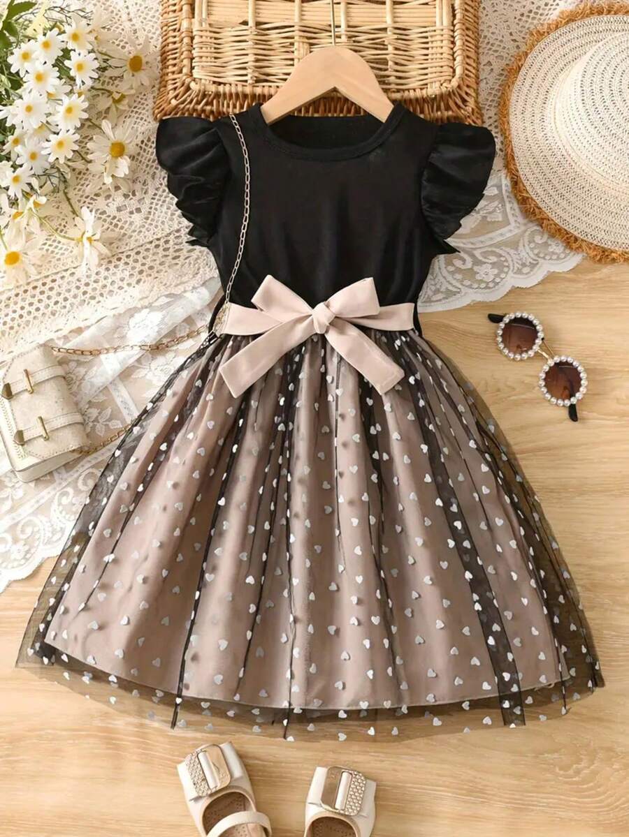 少女优雅夏季休闲连衣裙，荷叶边下摆心形蓬松网纱公主裙，配蝴蝶结腰带，适合情人节、节日派对和日常外出穿着。 - 黑色 - 查看 1