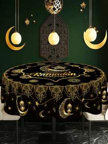 1 Stück Ramadan Tischdecke, 150CM Ramadan Kareem Polyester Runde Tischdecke, Schwarz Gold Mond Stern Laterne Muster Eid Mubarak Tischdecke, Ramadan Dekorationen für Zuhause, Feiertags Küche Esszimmer Tischdekoration, Eid Al-Fitr Festival Party Feier Zubehör - Verschiedenfarbig - Übersicht 2