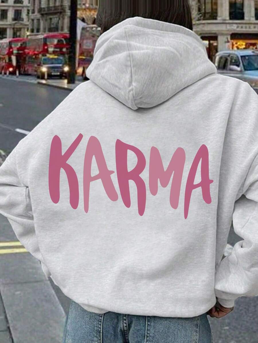 1 st svart tröja med "KARMA"-tryck för tonårsflickor, mjuk och bekväm, för vardagsbruk - Grå - Visa 1