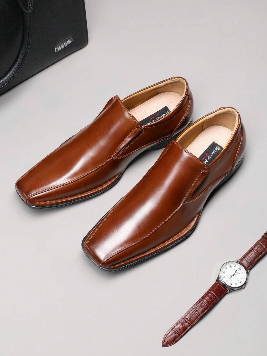 Men's Classic Dress Loafers Square-Toe Slip-On Shoes Leather Lined Dress Loafers Shoes - màu nâu - Xem 1