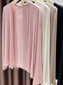 Chaqueta de punto tipo cárdigan de unicolor primavera/verano Y2K casual y lindo para mujer de Vera Lane, adecuado para festivales de música, versátil y ligero, top rosa para el Día de Acción de Gracias y Pascua - Rosa Pálido - Ver 9