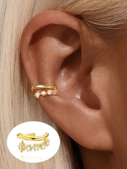 1Pc 925 Sterling Silver Fashion Octagonal Star Four Leaf Petal Inlaid Zirconia Ear Clip Earrings, Suitable For Women's Daily Wear, Parties, And Banquet Occasions
