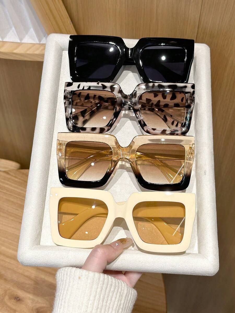 4pcs Plastic Geometric Oversized Full Frame Leopard Print Classic Retro Timeless Women's Set, Suitable For Rave Parties, Outdoor Travel, Halloween Street Photography, Music Festivals And Other Fashionable Glasses Occasions - 4pcs 黑米豹紋茶組合 - 查看 1