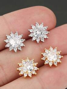 2 piezas Pendientes de botón con micro-incrustación de circonita con diseño floral delicado, joyería minimalista lujosa y ligera, adecuada para uso diario y vacaciones, puede ser un regalo para amigos o seres queridos