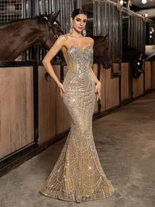 Đầm dạ hội lấp lánh đính sequin, trang trí kim cương lấp lánh, đầm dự tiệc dành cho nữ, phù hợp cho lễ tốt nghiệp, dạ hội, tiệc sinh nhật, lễ trao giải, tiệc chiêu đãi, tiệc cocktail, đầm maxi đuôi cá không tay cho đám cưới mùa xuân - Rượu sâm banh - Xem 6