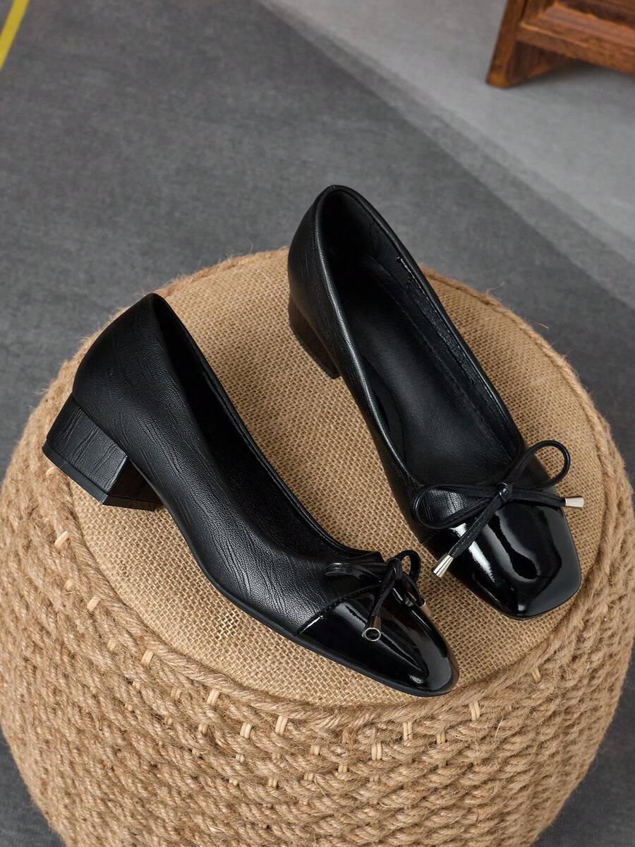 Women's Square Toe 3cm Heel Pumps, Suitable For Work, Commute, Dinner Party, Vintage Bow Accent, Navy Blue, Fashionable And Versatile Casual Slip-On Shoes - màu đen - Xem 1