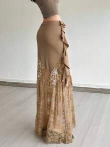 Chân váy nữ YeonC phong cách lãng mạn Pháp, co giãn tốt, thanh lịch, điểm nhấn là chi tiết ren xuyên thấu, được làm từ polyester, hoàn hảo cho các bữa tiệc và kỳ nghỉ. - màu nâu - Xem 3