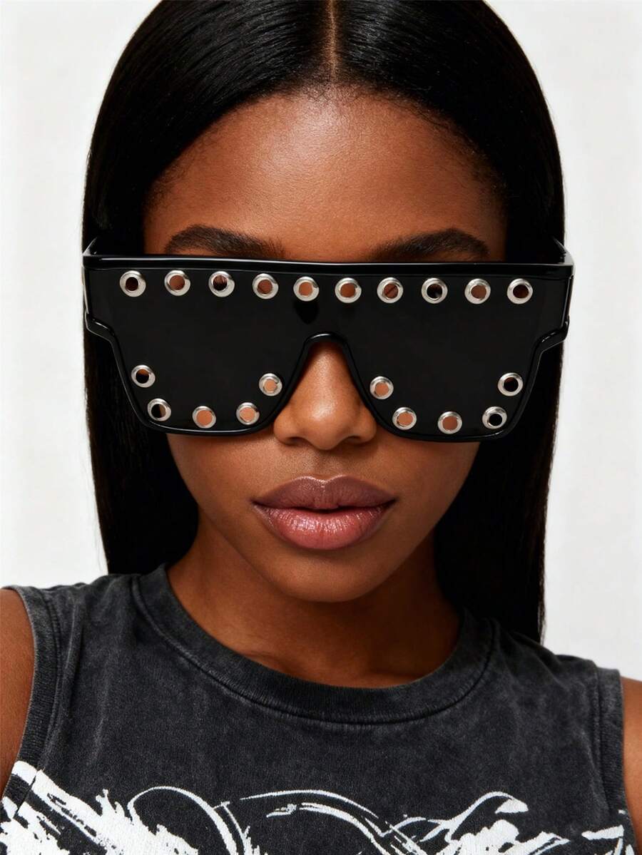 1 Pair Oversized Fashion Glasses, Rivet Embedded Personalized Cyberpunk Y2K Style, Suitable For Daily Wear, Street Photography, Vacation, Travel, Party, Campus Dance Decoration, Unisex College Style Glasses, Must-Have For Back To School Season - 黑色 - 查看 1