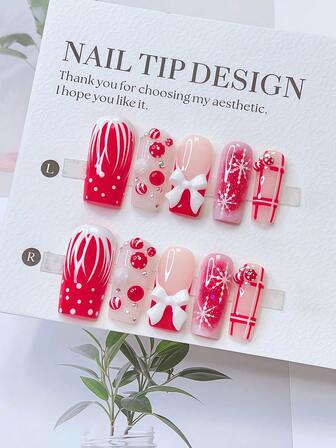 Set de 10 uñas postizas con forma de tubo estilo Y2K - Hechas a mano, uñas rojas, uñas rosas, sombrero de Navidad y bastón de Navidad hechos a mano en 3D, diseño de copos de nieve y elementos navideños dibujados a mano, con detalles de cristales brillantes y lazos blancos - Adecuado para mujeres y niñas, fiestas, bodas, uso diario, incluye kit de herramientas. Uñas cuadradas navideñas. Uñas navideñas. Uñas postizas cuadradas cortas. Uñas postizas hechas a mano cuadradas. Uñas postizas. Suministros para uñas