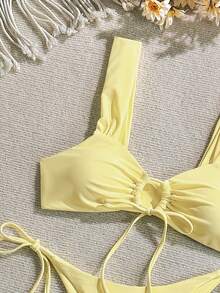 女士时尚比基尼套装，性感沙滩基本款系带时尚泳装，适合女士夏季海滩度假 - 淡黃色 - 查看 5