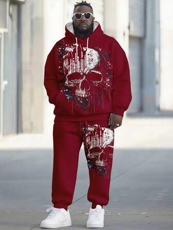 Conjunto de sudadera con capucha y pantalón de chándal con estampado 3D de calavera para hombres talla grande, gráfico delantero y trasero, cordón, bolsillo canguro