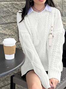 FOR BEAUTY 秋冬新款圆领扭结印花长袖针织衫，女士宽松白色简约通勤风休闲套头衫，长袖保暖慵懒风上衣，新年必备 - 白色 - 查看 5
