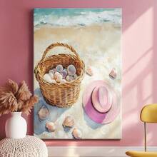 Beach Wall Art, Vintage Wrapped Framed Canvas Wall Art, Vintage Prints Poster, Seashells, Beach Basket, Pink Hat - Coastal, Realistic, Natural, Whimsical Style, Perfect Gift Decor, Wall Art For Living Room Bedroom Office, Hanging Hardware Included - Wrapped Framed Canvas, Vertical - 裱框畫布 - 查看 2