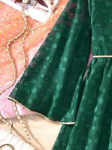 Vihyde 1件中东风格提花饰边薄纱喇叭袖连衣裙，适合青少年女孩，橄榄绿 - 綠色 - 查看 7