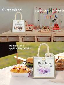 Customizable Name And Floral Print Linen Tote Bag - Khaki Large Size. Photos, Letters, Names, Logos, And Diy Patterns Can Be Printed On It. This Large-Capacity, Casual, Simple, And Lightweight Shopping/Storage Bag Is Suitable As A Gift For Female Friends, A Teacher'S Day Gift, A Wedding Favor, And Also For Travel, School, Work, Commuting, And Other Occasions. - Multicolor - View 5