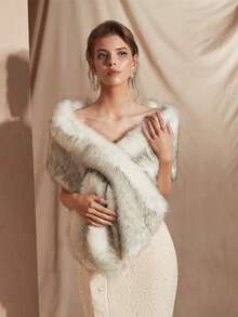 1件女士香槟色长款人造毛皮新娘披肩，冬季外套 - 黑與白 - 查看 7