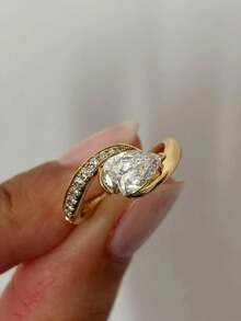 1pc S925 Sterling Silver Fashion Versatile Ins Style Teardrop Swirl Elegant Engagement Ring, Suitable For Women's Daily Wear, Holiday & Party Gift, Jewelry - Gold - View 1