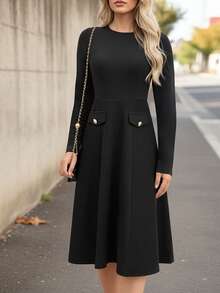 Đầm midi dài tay cổ tròn màu trơn thanh lịch dành cho nữ, thích hợp cho các bữa tiệc mùa xuân và mùa thu cũng như đi làm (JH25025) - màu đen - Xem 7