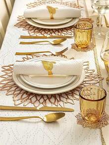 10pcs Gold Flower Pattern 15-Inch Round Placemats, 3.94-Inch Round Hollow Flower Coasters, Washable, Easy To Clean, Wipe-Clean, Non-Slip, Heat-Resistant, Suitable For Room Decor, Dining Table Decor, Home Decor, Holidays, Parties, Birthdays, Weddings And Dinners. - Multicolor - View 5