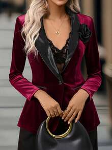 女士优雅酒红色天鹅绒花卉装饰腰部单排扣撞色披肩领西装外套，春秋季 - 酒紅色 - 查看 9
