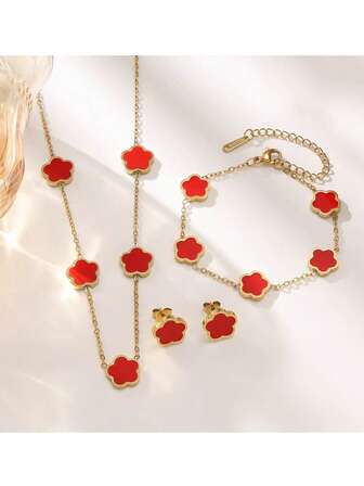 4件套复古四叶草镂空金红色项链套装，适合女士日常佩戴，情人节礼物