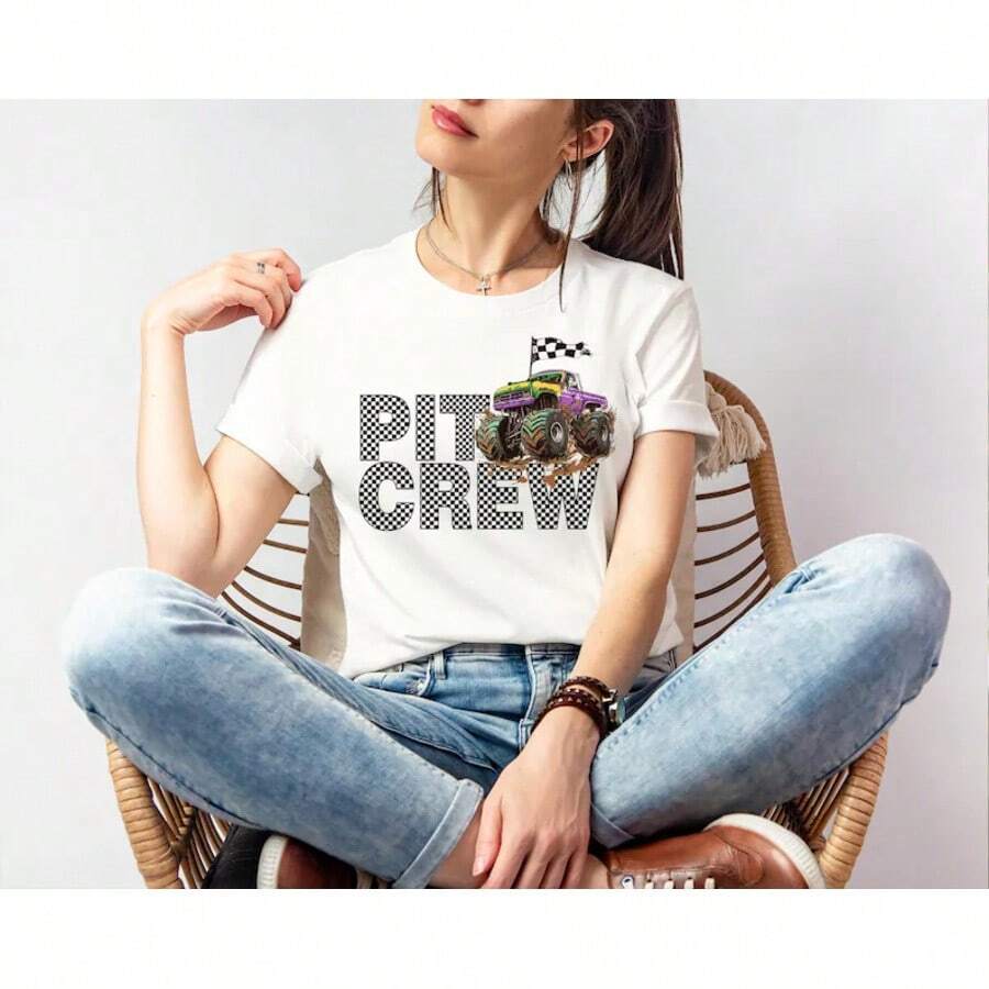 Pit Crew Monster Truck Jam Shirt, Monster Truck Crewneck Shirt, Truck Racing Gift, Checkered Graphics Race Day Shirt, Truck Race Lover Gift - 白色 - 查看 1