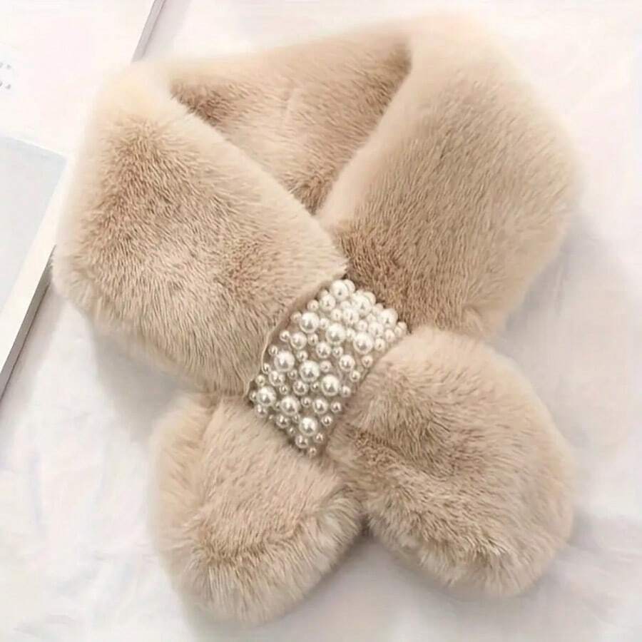 1pc Warm Thick Criss-Cross Faux Fur Neck Warmer - Elegant Faux Pearl Design, Versatile - Expandable Warm Criss-Cross Scarf - Comfortable Warm Winter Accessory With Thermal Lined - Multicolor - View 1