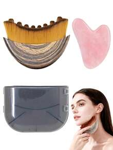 2件套淋巴引流按摩套装 - 玉石刮痧板和塑形刷，适用于面部、下巴、下颌线和身体轮廓塑形