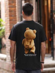 男士休闲百搭简约毛绒熊及英文标语印花短袖T恤 - 黑色 - 查看 2