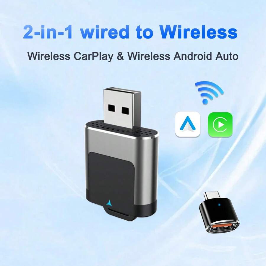这款二合一无线 CarPlay 适配器兼容 Android Auto 智能迷你盒，可通过 Wi-Fi 自动连接，并兼容丰田、沃尔沃等车型。