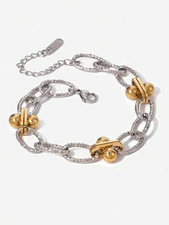 1pc Fashionable 18K Gold Stainless Steel Geometric Chain Bracelet, Dual-Tone Design, Suitable For Women, Everyday Wear, Waterproof Jewelry Accessory, Gift, USA