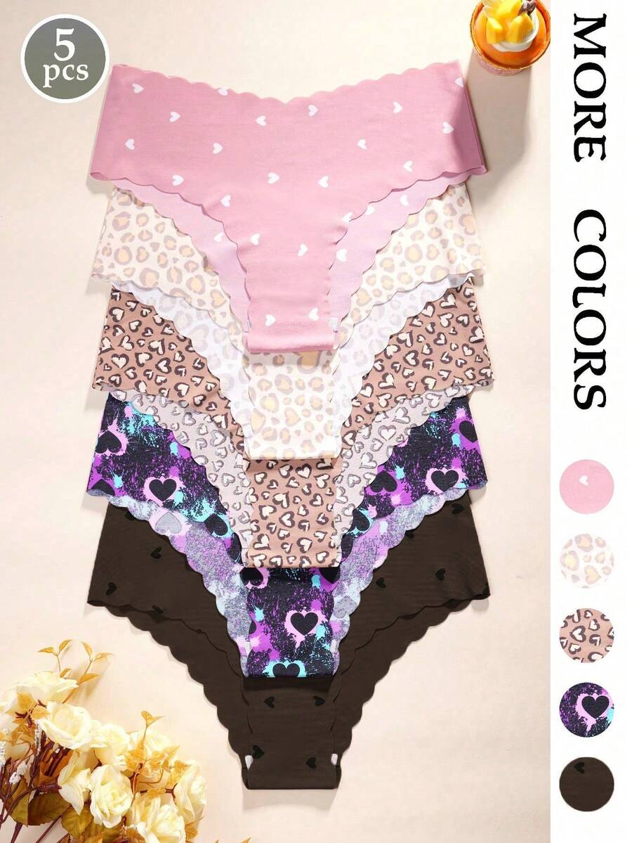 5 件豹纹和心形图案女式无缝比基尼内裤，舒适 V 形腰带，荷叶边下摆设计，运动三角裤 - 彩色 - 查看 1