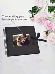 Rectangular Paper Scrapbook Album, DIY Memory Book, Decorated With Ribbons | Suitable For Weddings, Anniversaries, Graduations And Special Occasions, Perfect Gift For Friends, Couples And Family To Preserve Memories, Fashionable Black Cover, Paper Material, Scrapbooking Supplies - Multicolor - View 3