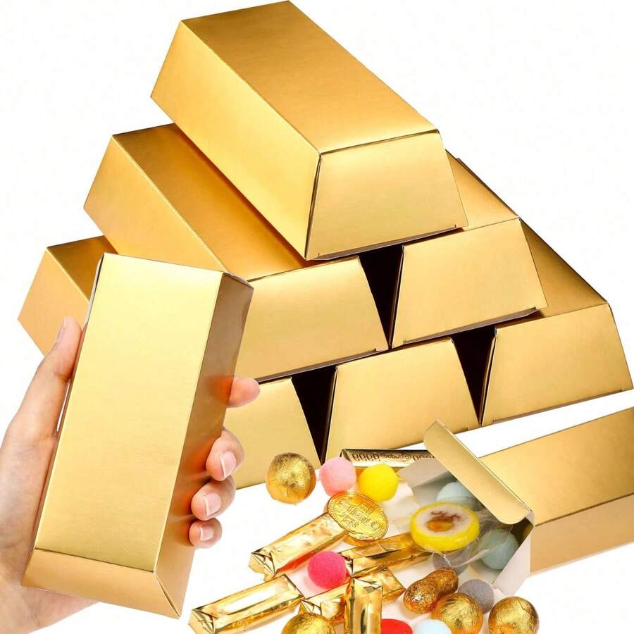 12/24pcs Gold Bar Fake Gold Bar Gift Box, Gold Color Gift Box, Foil Paper Box, Paper Gold Brick, Casino Pirate Theme Party - Multicolor - View 1